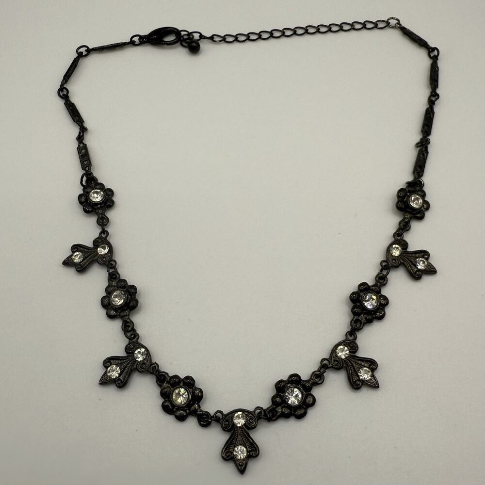Rhinestone Necklace Floral Gunmetal Tone 15”